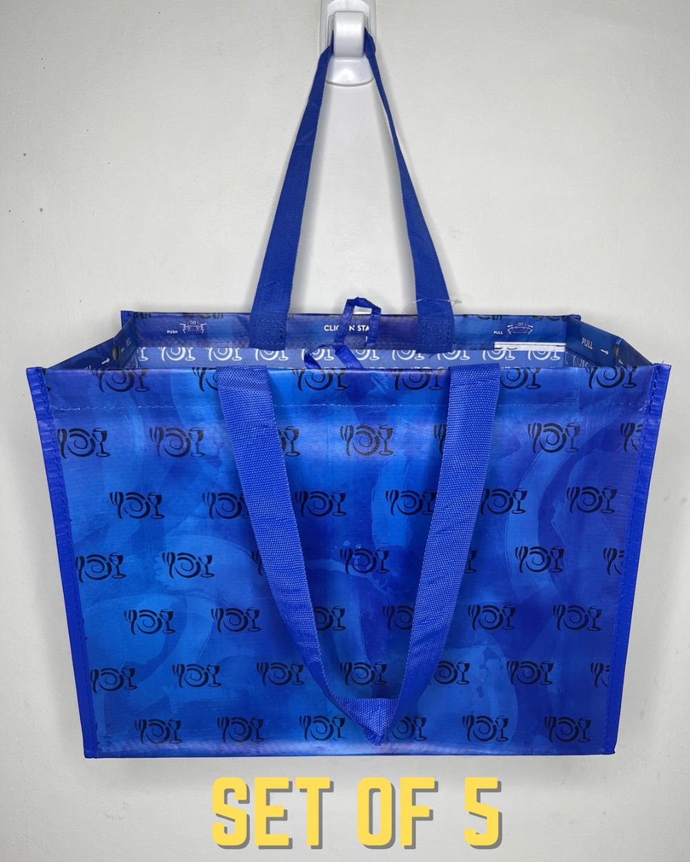 Set of 5, Wegmans Blue Click N' Stay Reusable Grocery Tote Bag w/ Liner + Pocket